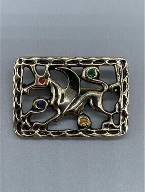 Lovely Signed SC Silver Tone Multicolour Rhinestone Square Pegasus Brooch